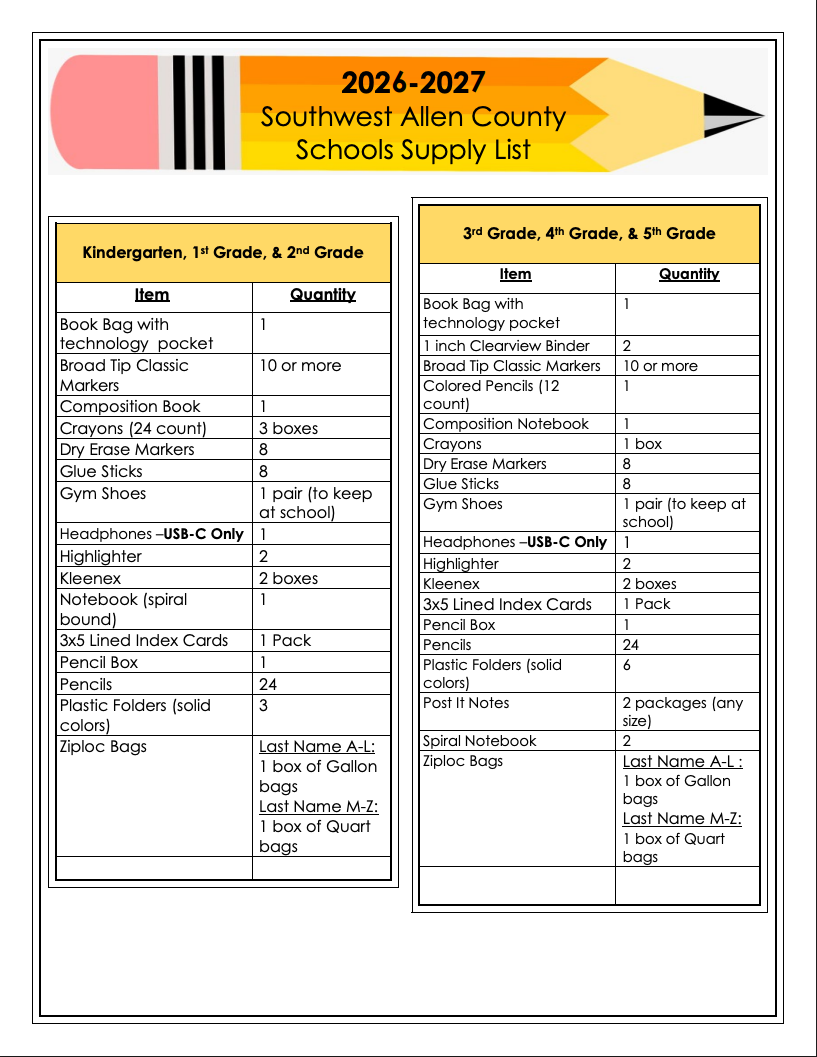 School supply List for 2026-27 school year
